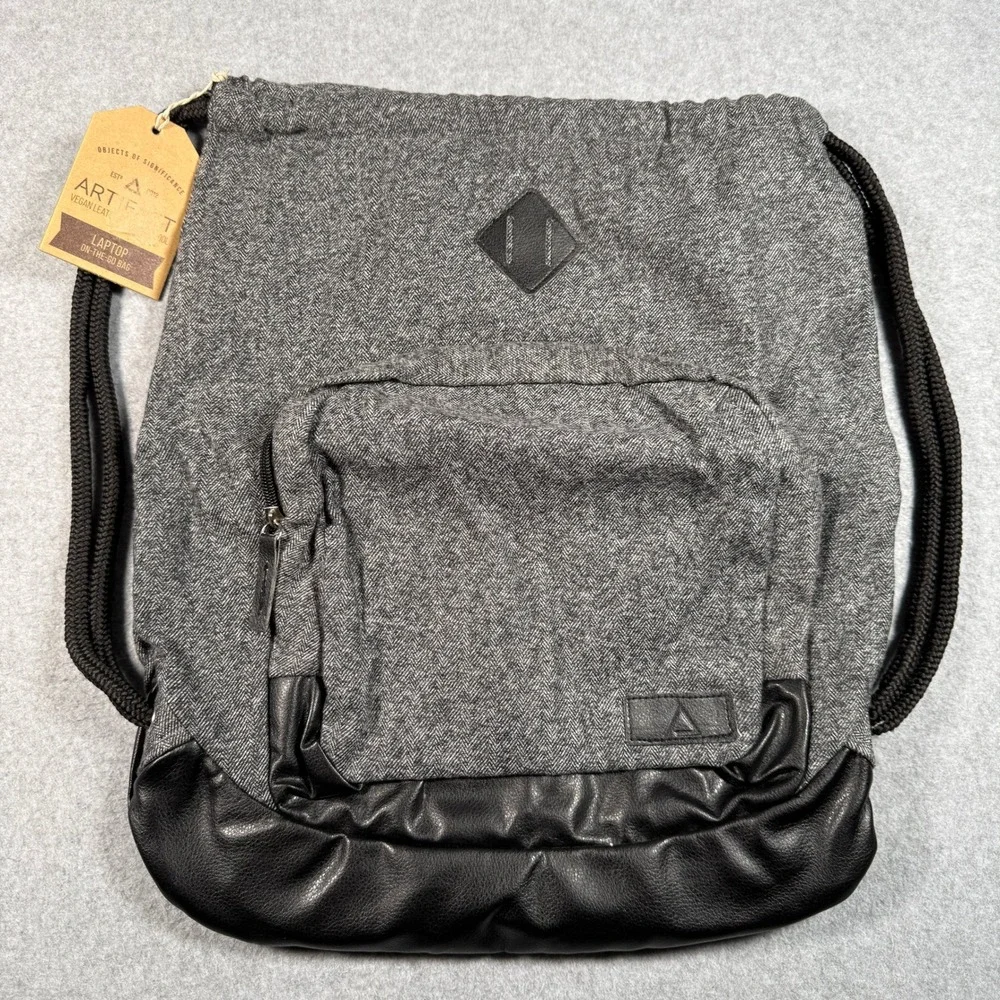 Artifact Laptop On-The-Go Bag Grey Herringbone Wool Black Vegan Leather Cinch